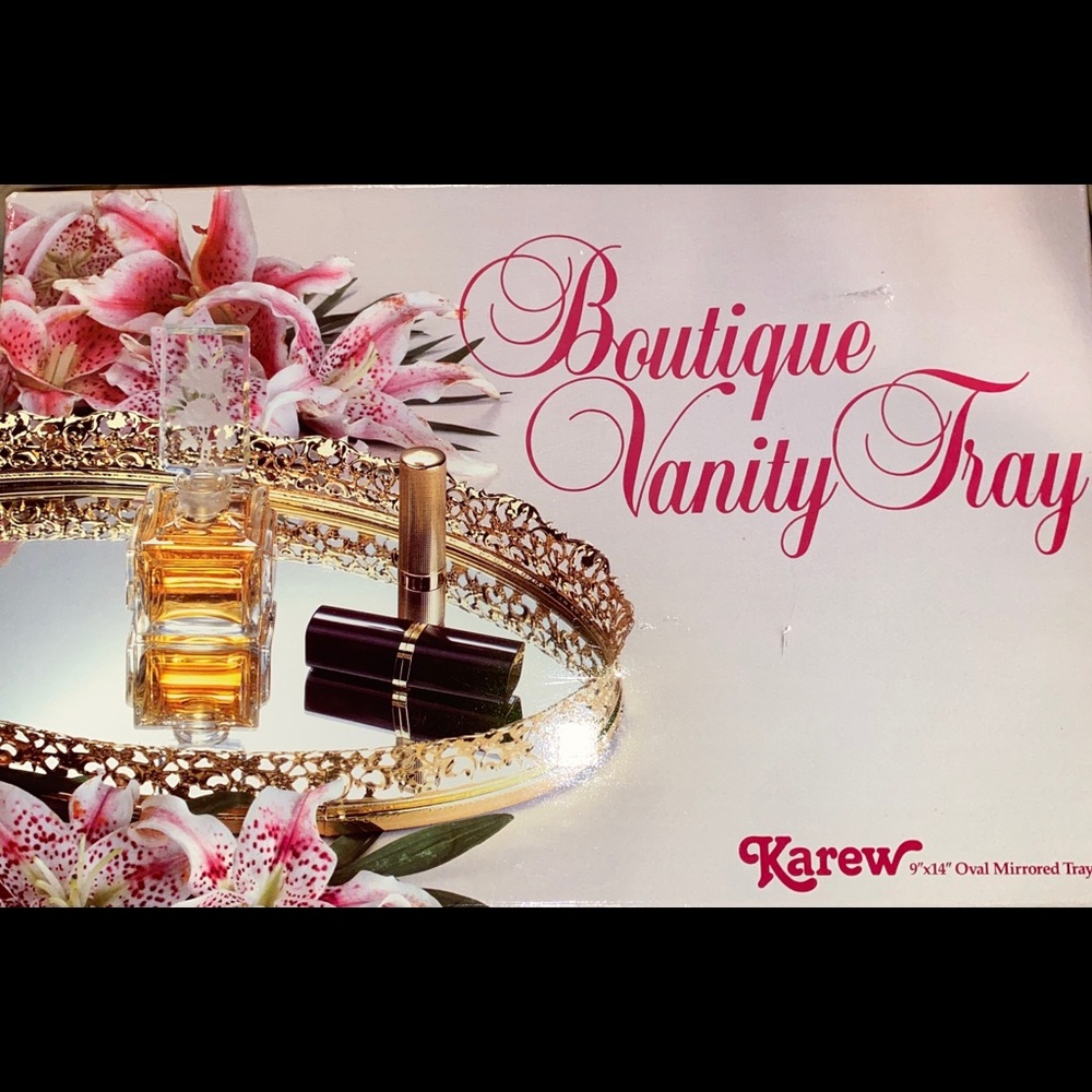 NOS - Vintage Karew Goldtone Filigree Mirror Vanity Tray